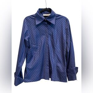 Farinaz blue and black striped long-sleeve button-down blouse Size:14